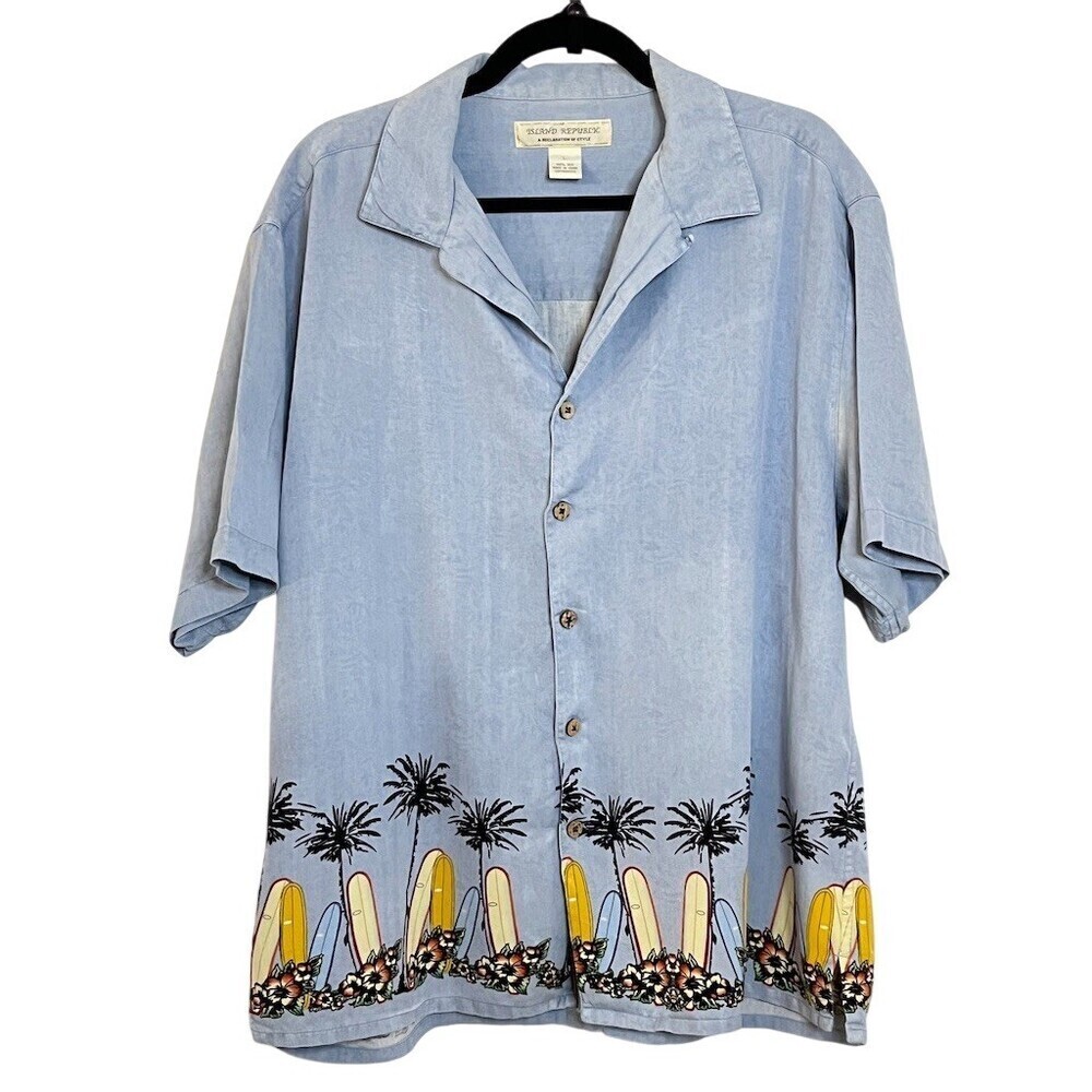 Men's 100% Silk Hawaiian Camp Shirt L Blue Vacation Summer Beachy Festive